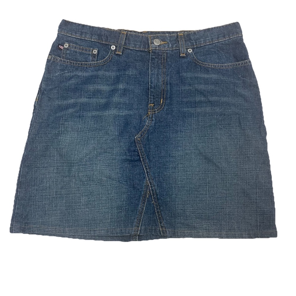 Ralph Lauren Blue Denim Mini Jean Skirt Size 10 Leather Logo Patch RL USA Flag